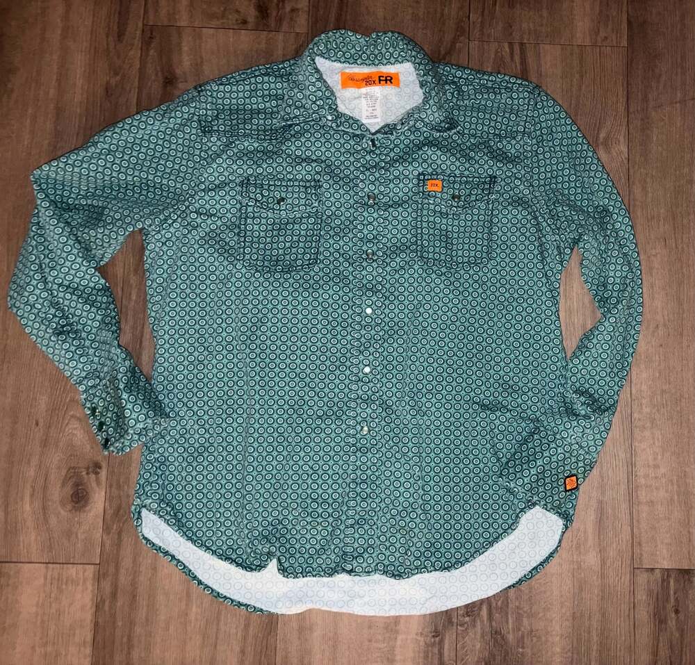 Wrangler 20X FR Flame Resistant Green Geometric Print Long Sleeve Western Shirt